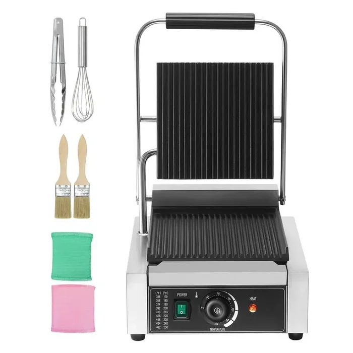 1,800W Commercial Panini Grill, Electric Sandwich Maker, Stainless Steel Press, Temp Control, 9 in. x 9 in. Full Grooved