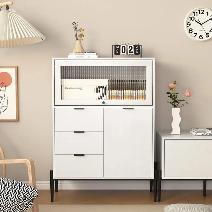 1-Door and 1-Glass Door Wood Cabinet with Storage for Kitchen, Dining Room, Hallway in White