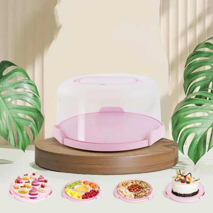 1-Piece Cake Carrier Set with Lid, Two Handles, Round Pink Cake Container, Double-sided Base Cupcake Holder