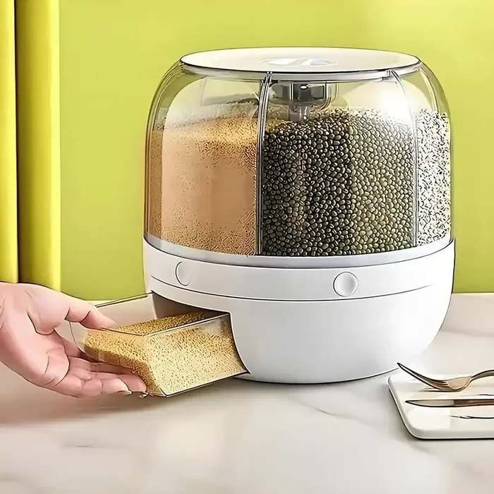 1 Piece Rotating Grain Storage Bin 6 Grids Rice Container One-Click Output Large Capacity Food Dispenser for Rice Grains