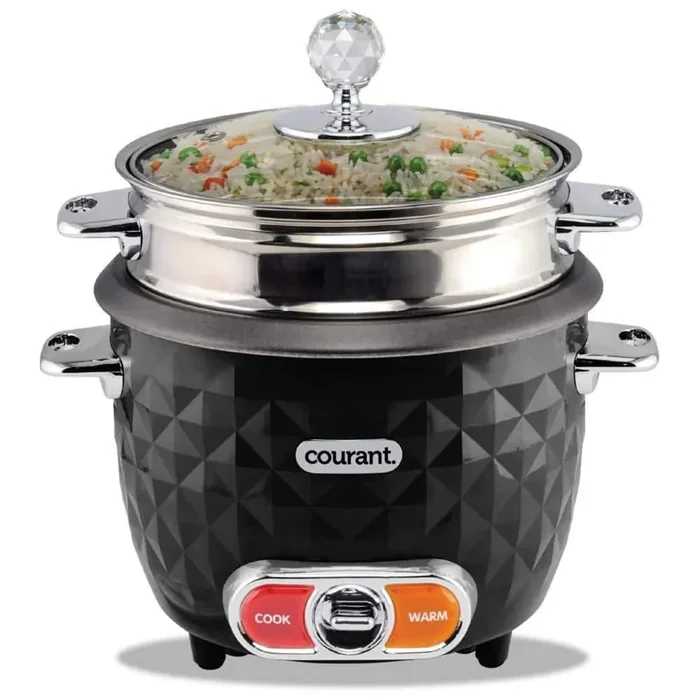 10-Cup (Cooked) / 5-Cup Rice Cooker and Steamer, One-Touch, Auto Keep Warm, Chrome Accents, Compact, Black