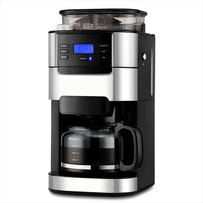 10-Cup Drip Coffee Maker with Built-in Grinder, Programmable Brew Coffee Machine with Timer, Black