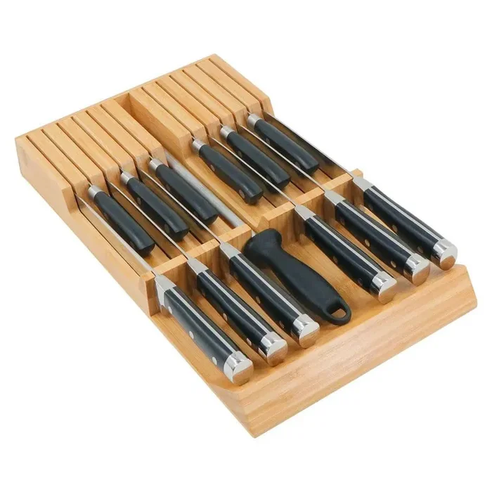 12-Knife Bamboo Knife Block, Kitchen Knife Holder Drawer Organizer, Fit for 12 Knives and 1 Sharpening Steel
