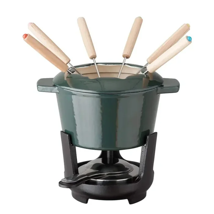 13-Piece Enameled Cast Iron Fondue Pot Set in Sycamore