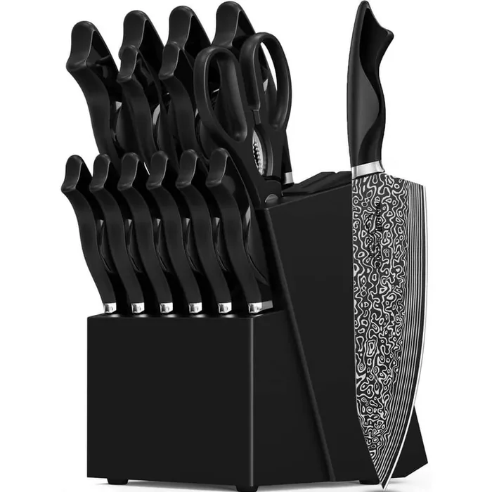 15-Piece German High Carbon Stainless Steel Knife Block Set in Silver with Build-in Knife Shapener, Dishwasher Safe