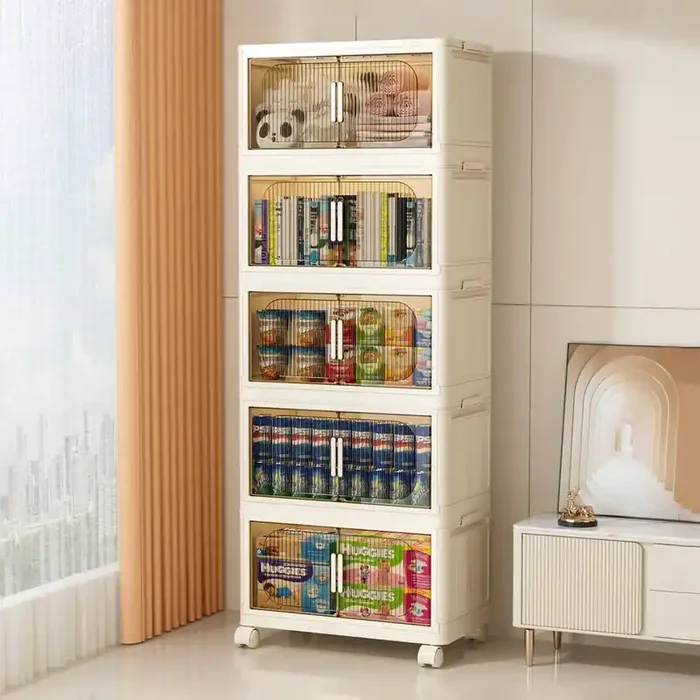 19.69 in. W x 11.81 in. D x 50.00 in. H 5 Tier Wide Folding Storage Cabinet with Wheels and Magnetic Door
