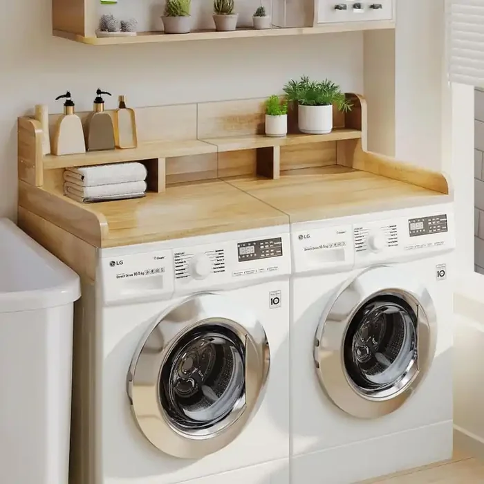 2-Layer Washer Dryer Countertop with Non-Slip Pads and Edge, Laundry Wood Shelf Topper Storage Organizer in Natural