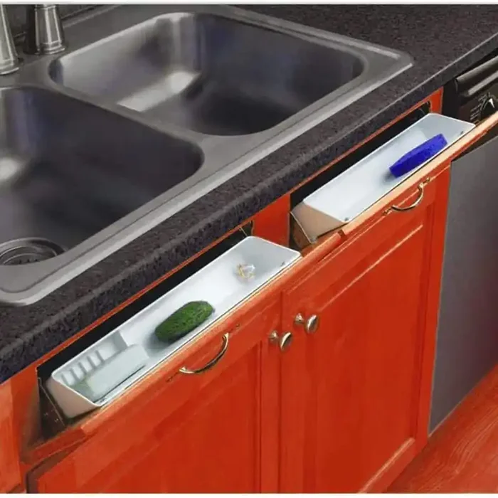 2-Piece 11 in. Polymer Plastic White Kitchen Sink Front Tray Set for Soaps, Scrub Sponges, Brushes