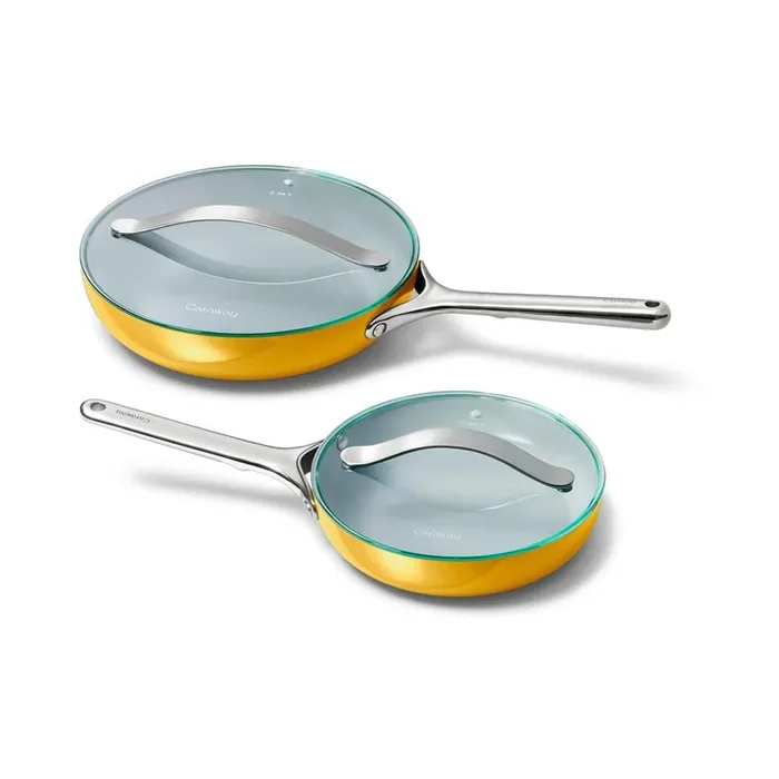 2-Piece Ceramic Fry Pan Cookware Set with Glass Lids in Marigold