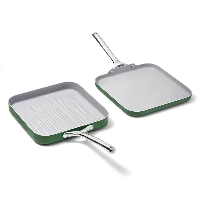 2-Piece Ceramic Square Griddle and Grill Pan Cookware Set in Sage