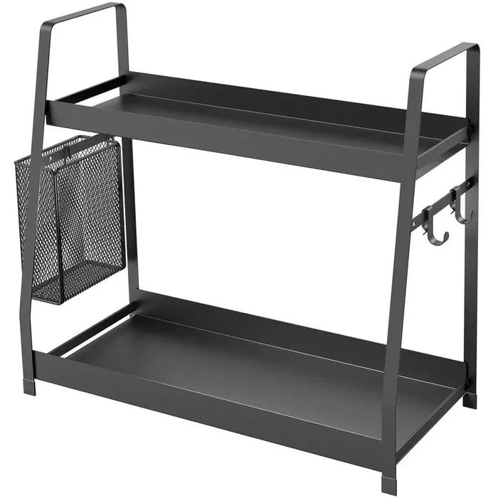 2 Tier Black Countertop Standing Spice Rack Organizer Shelf with Hanging Basket for Kitchen Bathroom Cabinet
