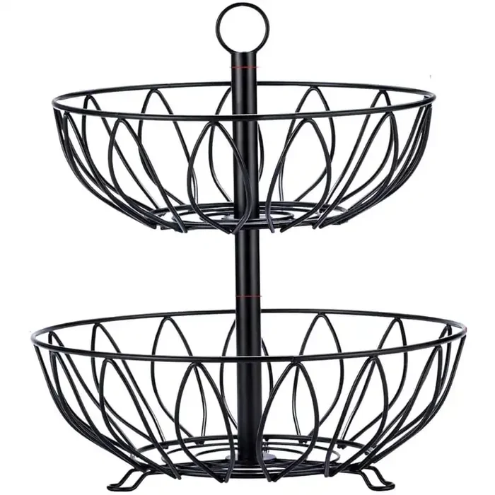 2-Tier Fruit Stand Vegetables Basket Counter Top Storage for Kitchen Home Metal Cast Iron in Black