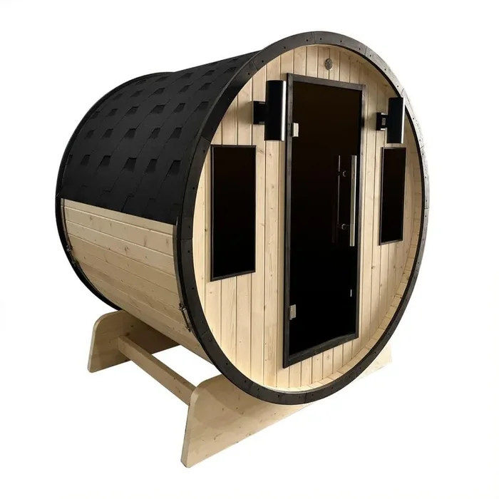 3-Person Capacity Outdoor White Finland Pine Wet/Dry Traditional Barrel Sauna with Black Accents