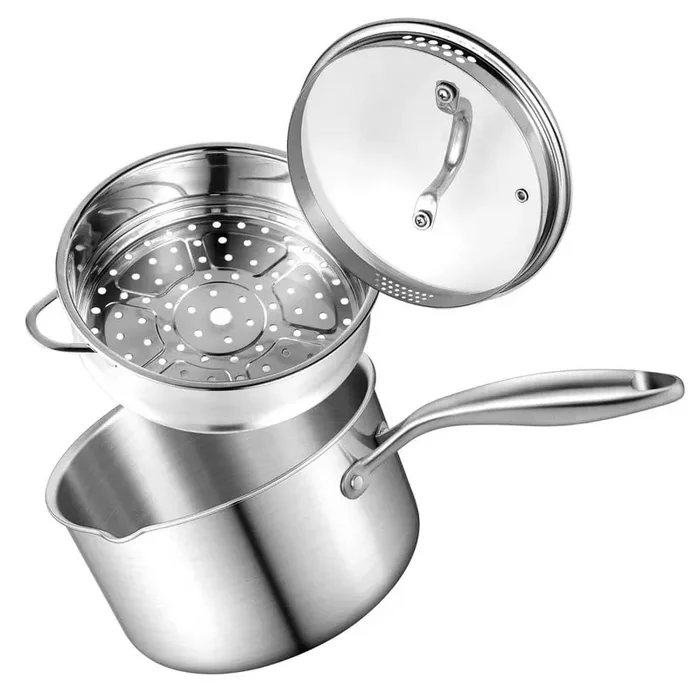 3-Piece 2.5 qt. Stainless Steel Sauce Pan with Steamer Basket, Multipurpose Sauce Pot with 2-Size Drainage Holes Lid