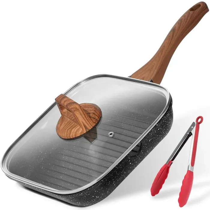 3-Piece 9.5 in. Black Aluminum Non-Stick Grill Pan Set with Lid and Tong, Square Grilling Skillet Steak Pan