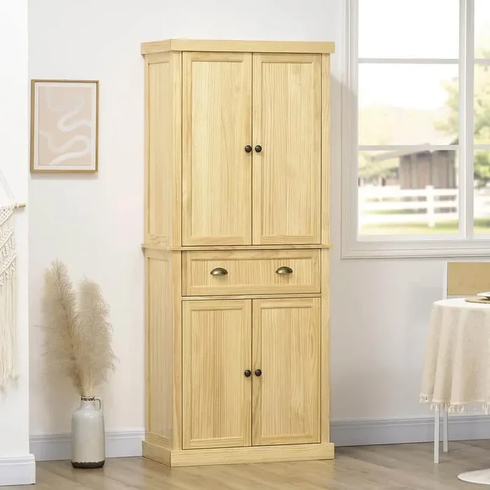 3-Shelf Natural 72″ Pinewood Large Kitchen Pantry Storage Cabinet, Freestanding Cabinet with Doors