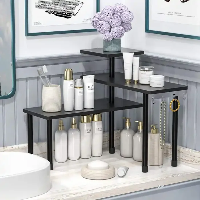 3 Tier Black Adjustable Organizer Corner Shelf Space Saving Countertop Organizer with Hooks for Kitchen and Bathroom
