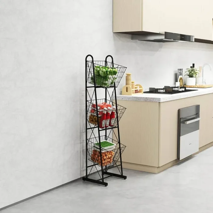 3-Tier Kitchen Storage Basket Organizer, Freestanding Metal Wire Rack for Fruit, Vegetables, and Pantry Items in Black