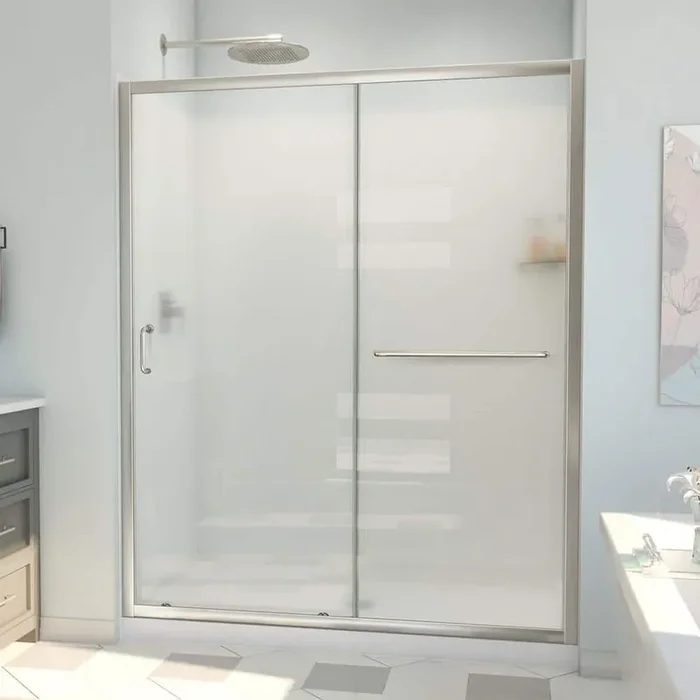 30 in. L x 60 in. W x 78-3/4 in H Sliding Shower Door Base and White Shower Wall Kit in Brushed Nickel and Frosted Glass