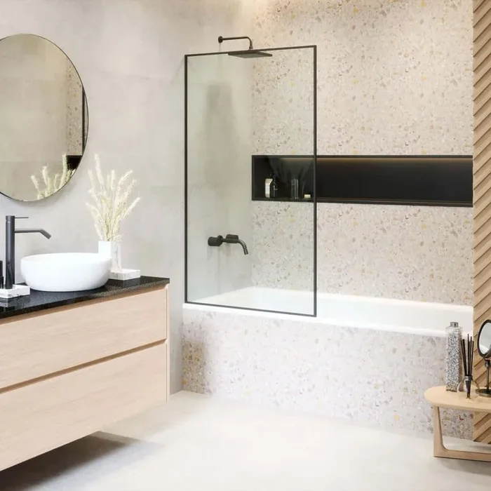 30 in. W x 58 in. H Fixed Tub Door Full Frame in Black Finish with Tempered Clear Glass