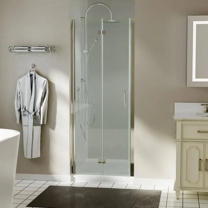 30 in. W x 72 in. H BiFold Frameless Shower Door in Brushed Nickel with Clear Glass