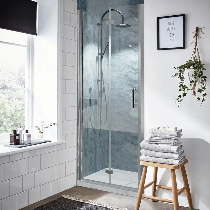 30 in. W x 72 in. H BiFold Frameless Shower Door in Chrome with Clear Glass