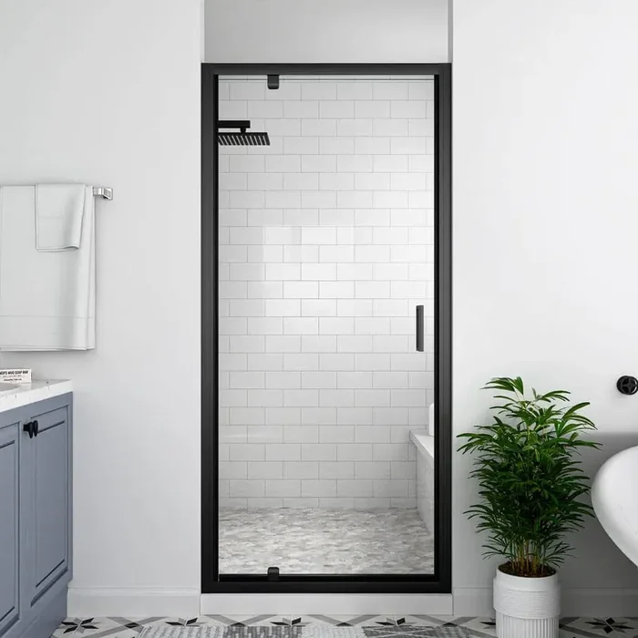 30 in. W x 72 in. H Pivot Framed Swing Shower Door in Single Panel in Black Finish with 1/4 in. Clear Tempered Glass
