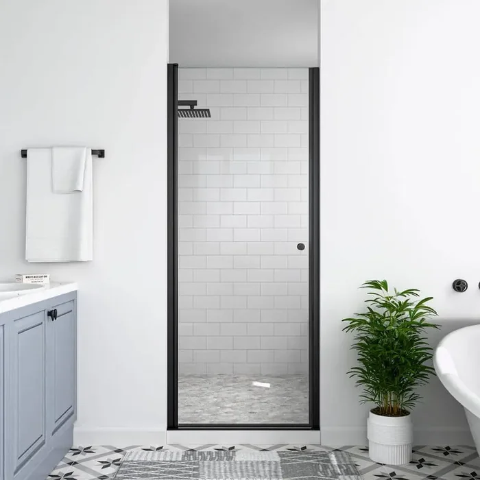 30 in. W x 72 in. H Space Saving Pivot Semi-Frameless Swing Shower Door in Black Finish in 1/4 in. Clear Tempered Glass