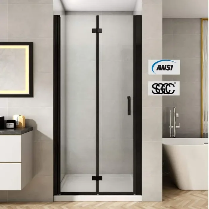 30 to 31-1/4 in. W x 72 in. H Bi-Fold Frameless Shower Doors in Black with Clear Glass