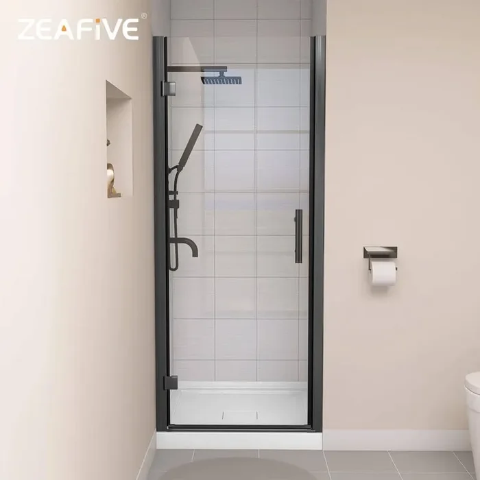 30 to 31-1/4 in. W x 72 in. H Pivot Swing Frameless Shower Door in Matte Black with Clear Glass Left Hinged with Handle