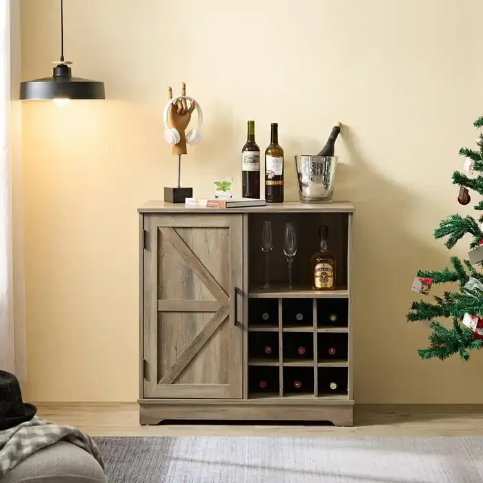 31.5in x 15.75in x 31.5in Gray MDF Sideboard with 1 Barn Wood Cabinet Door and 9 Wine Racks