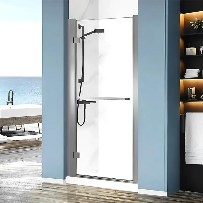 32-34 in. W x 72 in. H Pivot Framed Shower Door in Brushed Nickel with 1/4 in. Clear Glass