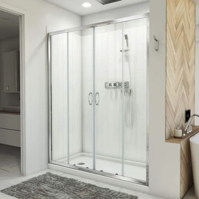 32 in. D x 60 in. W x 78-3/4 in. H Sliding Semi-Frameless Shower Door Base and White Wall Kit in Chrome