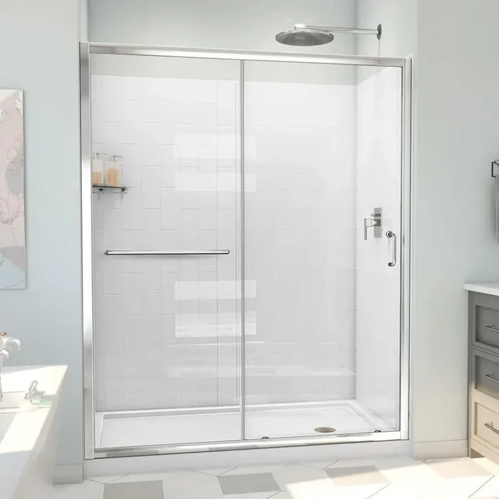 32 in. D x 60 in. W x 78-3/4 in. H Sliding Semi-Frameless Shower Door Base and White Wall Kit in Chrome and Clear Glass