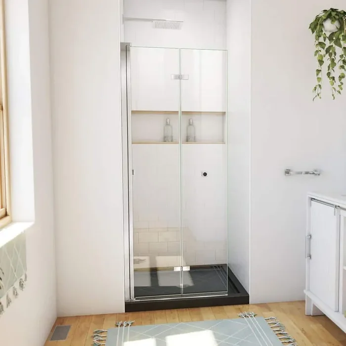 32 in. L x 32 in. W x 74 3/4 in. H Alcove Shower Kit with Bi Fold Frameless Shower Door and Shower Pan, C/Blk