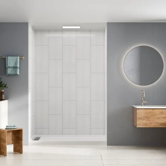 32 in. W x 60 in. L x 96 in. H 4-Pieces Alcove SMC Shower Kit with Surround and Base in Striped Bricks Right Drain