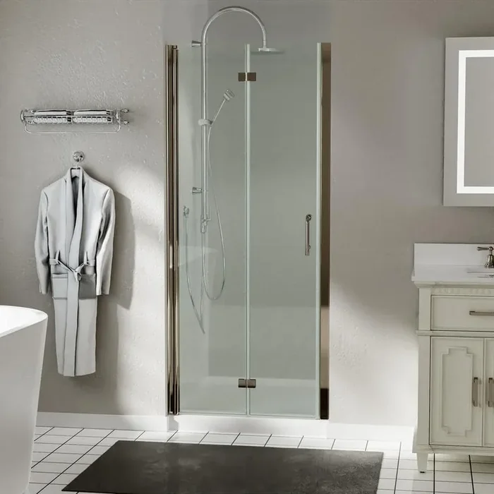 32 in. W x 72 in. H BiFold Frameless Shower Door in Brushed Nickel with Clear Glass