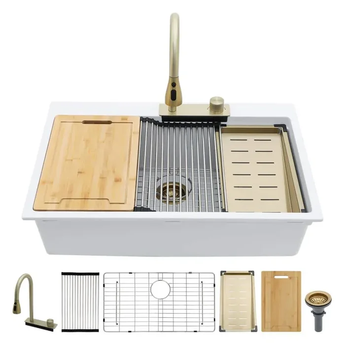 33 in. Drop-In Single Bowl White Quartz Composite Granite Workstation Kitchen Sink with Pull-Out Faucet