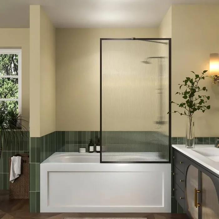 33 in. W x 58 in. H Fixed Framed Tub Door in Matte Black with Fluted Tempered Glass