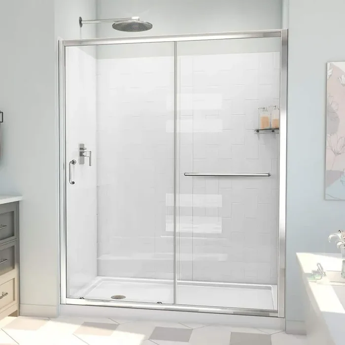 34 in. D x 60 in. W x 78-3/4 in. H Sliding Semi-Frameless Shower Door Base and White Wall Kit in Chrome and Clear Glass