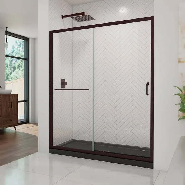 34 in. L x 60 in. W x 76 3/4 in. H Alcove Shower Kit with Sliding Semi-Frameless Shower Door in Bronze and CB Shower Pan