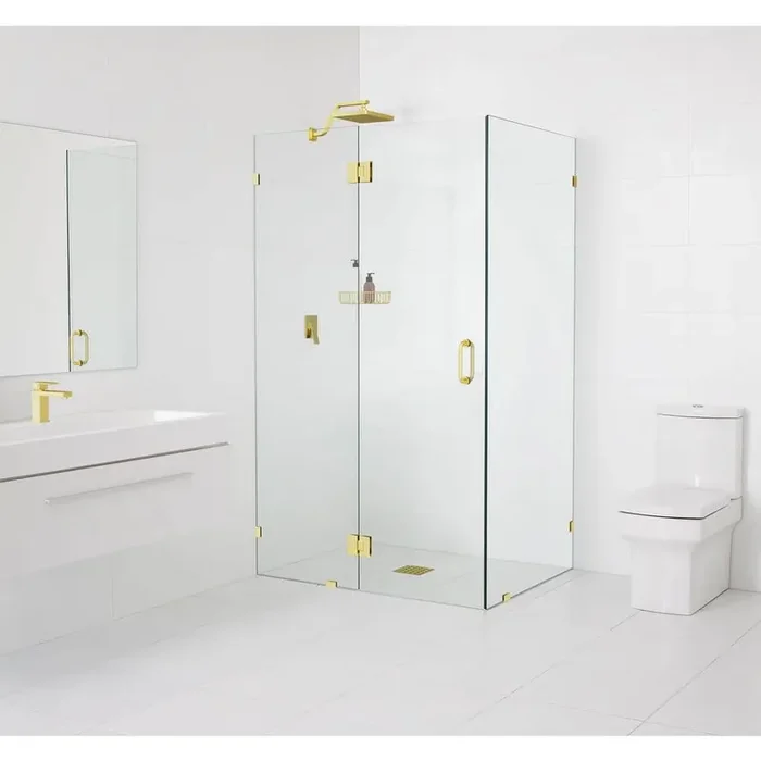 34 in. W x 41 in. D x 78 in. H Pivot Frameless Corner Shower Enclosure in Polished Brass Finish with Clear Glass