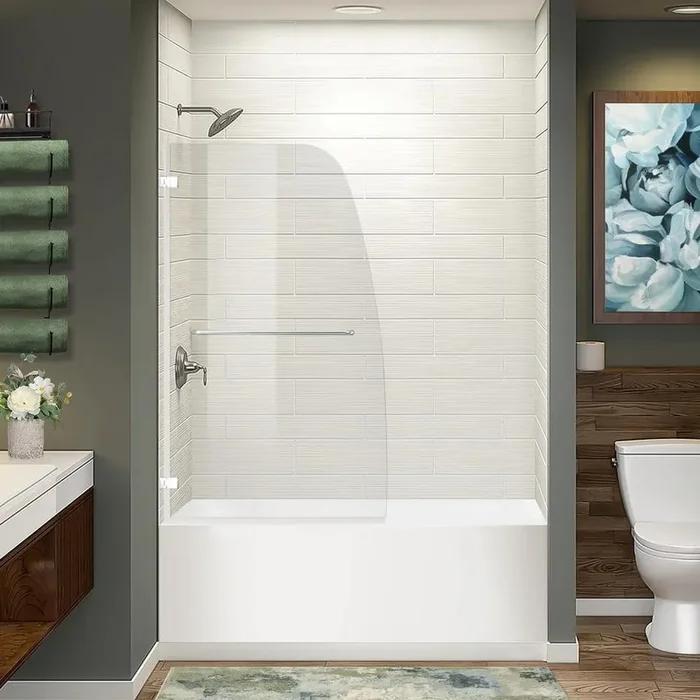 34 in. W x 58 in. H Frameless Hinged Bathtub Door in Clear Glass with Handle, Chrome
