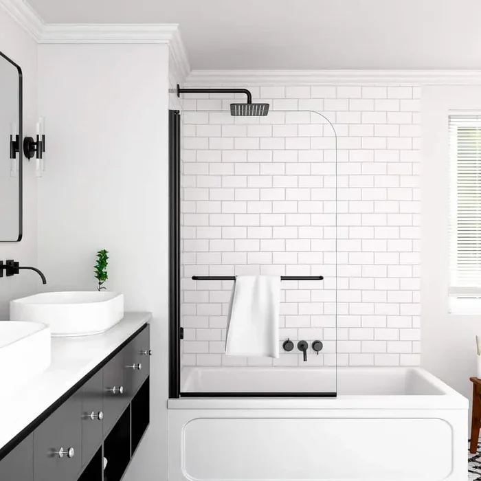 34 in. W x 58 in. H Pivot Frameless Tub Door in Matte Black with 1/4 in. (6 mm) Tempered Clear Glass