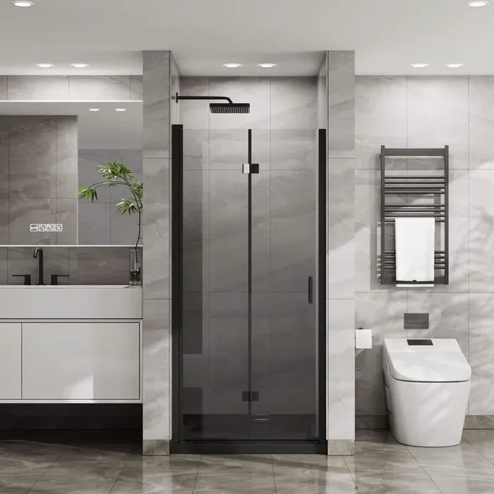 34 in. W x 72 in. H Bi-Fold Frameless Shower Door with Tempered Clear Glass in Matte Black, w/ Black Acrylic Shower Base