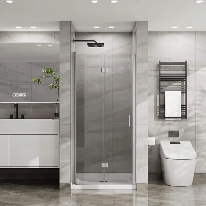 34 in. W x 72 in. H Bifold Frameless Shower Door with Tempered Clear Glass in Chrome, with White Acrylic Shower Base