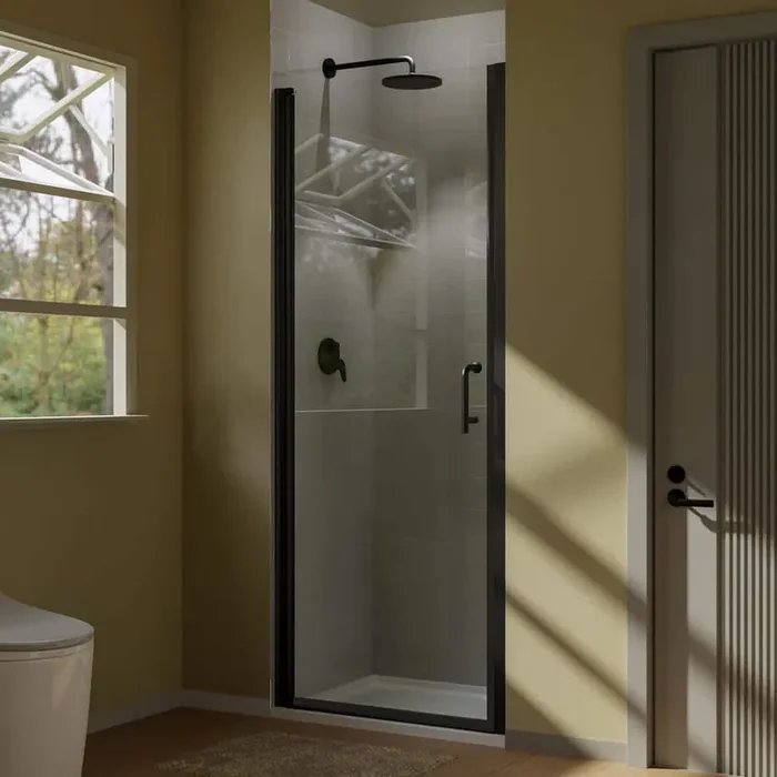 34 in. W x 72 in. H Pivot Frameless Shower Door in Matte Black with Clear Glass