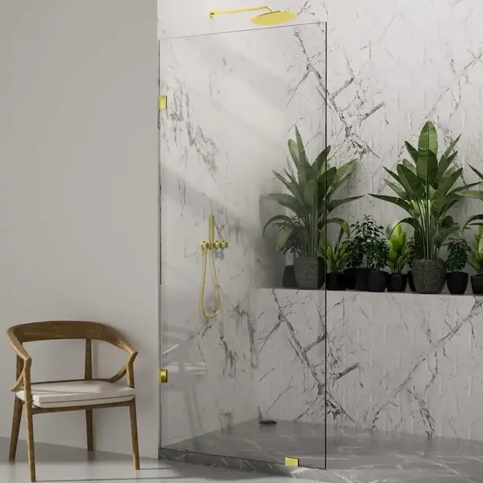 34 in. W x 78 in. H Fixed Panel Frameless Shower Door Screen in Brushed Gold with 3/8 in. (10mm) Clear Glass