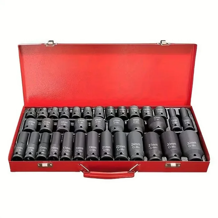 35-Piece 1/2in. Professional Pneumatic Socket Set with Long & Short Sockets, Air Cannon, Hex Extensions, and Rotary Tool