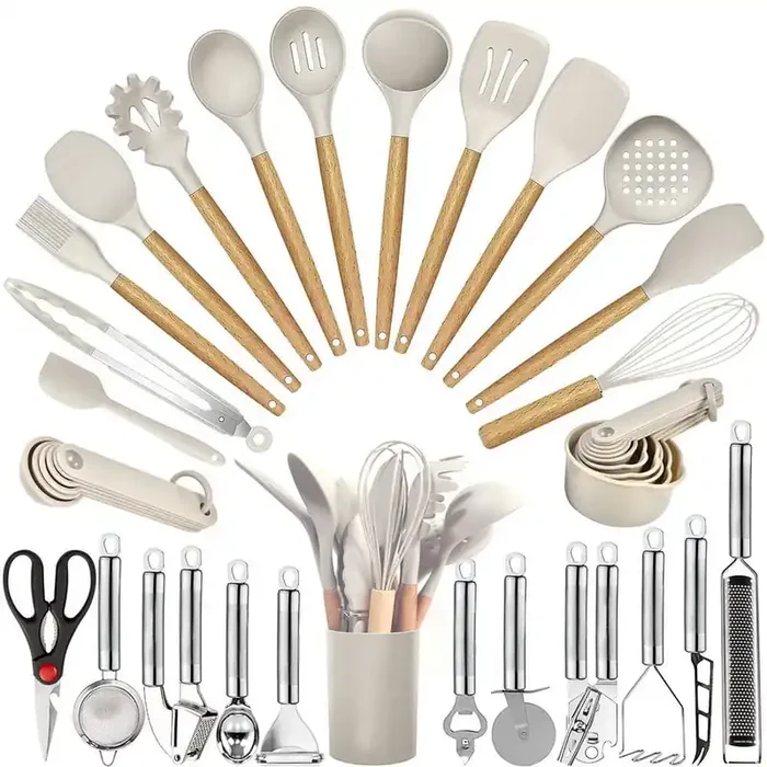 35-Piece Khaki Heat Resistant Food Grade Silicone and Wooden Handles Cooking Utensils Set for Nonstick Cookware